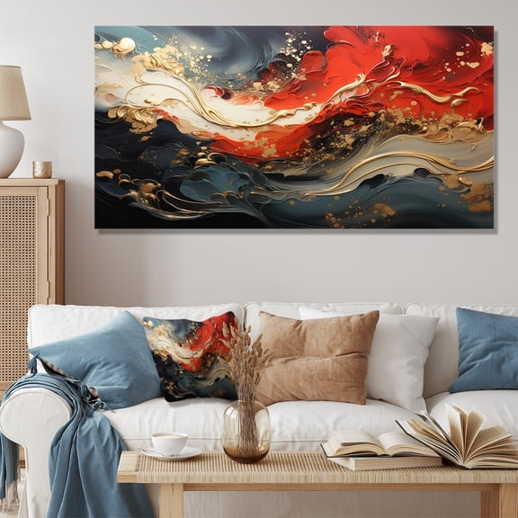 Designart "Marble Fire Red and Gold Fusion VI" Oversized Abstract Wall Art - Modern Red Abstract Painting Entryway Wall Art Print