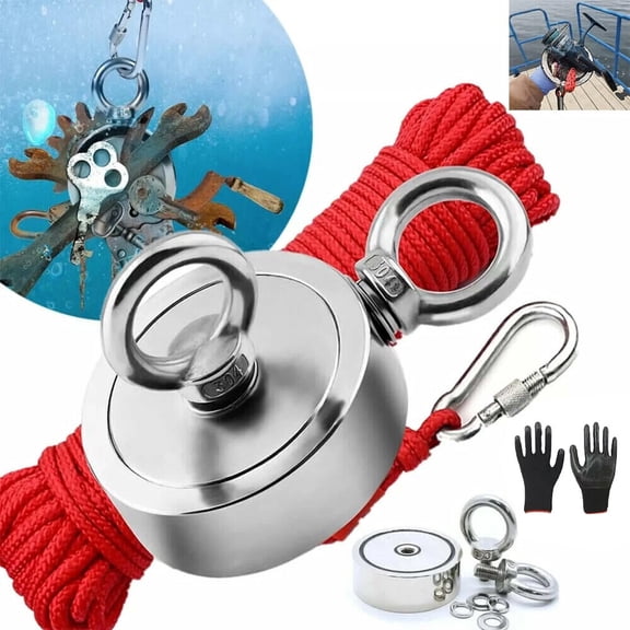 Neodymium Fishing Magnet Kit, 2000Lbs Pull Force, Heavy Duty Rare Earth Magnet with Eyebolt, 20m Nylon Rope & Gloves, Nickel Plated