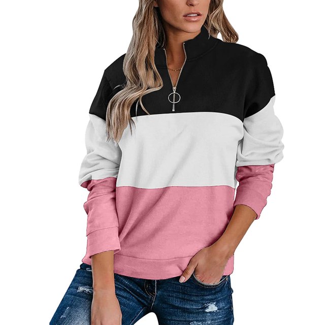 Sudadera con media cremallera Costura Bloque de color Sólido Elegante Manga larga Ajuste holgado Jersey informal Top Rosa XXL