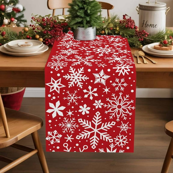 Winter Snowflake Table Runner 13x120 Inch Christmas Retro Red Background Table Runners Dresser Scarves Winter Holiday Kitchen Dining Table Decoration for Home Party Indoor