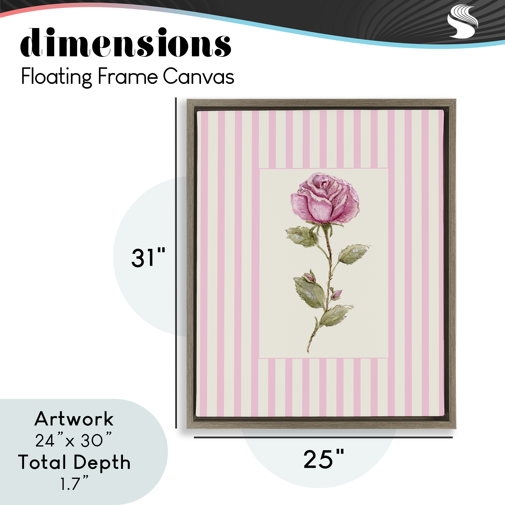 Pink Stripe Rose Brown Framed Floater Canvas Wall Art, design by Lisa Wehmeyer