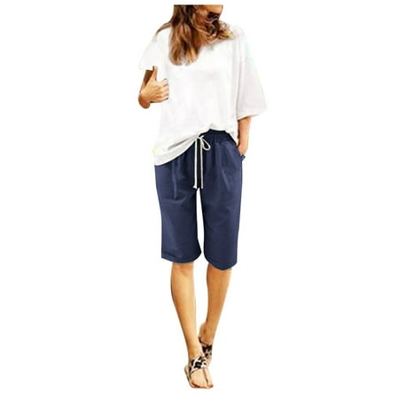 TOWED22 Women s Linen Shorts Casual Bermuda Wide Leg Mid Length High Waisted Drawstring Short with Pocket（Dark Blue 8XL）