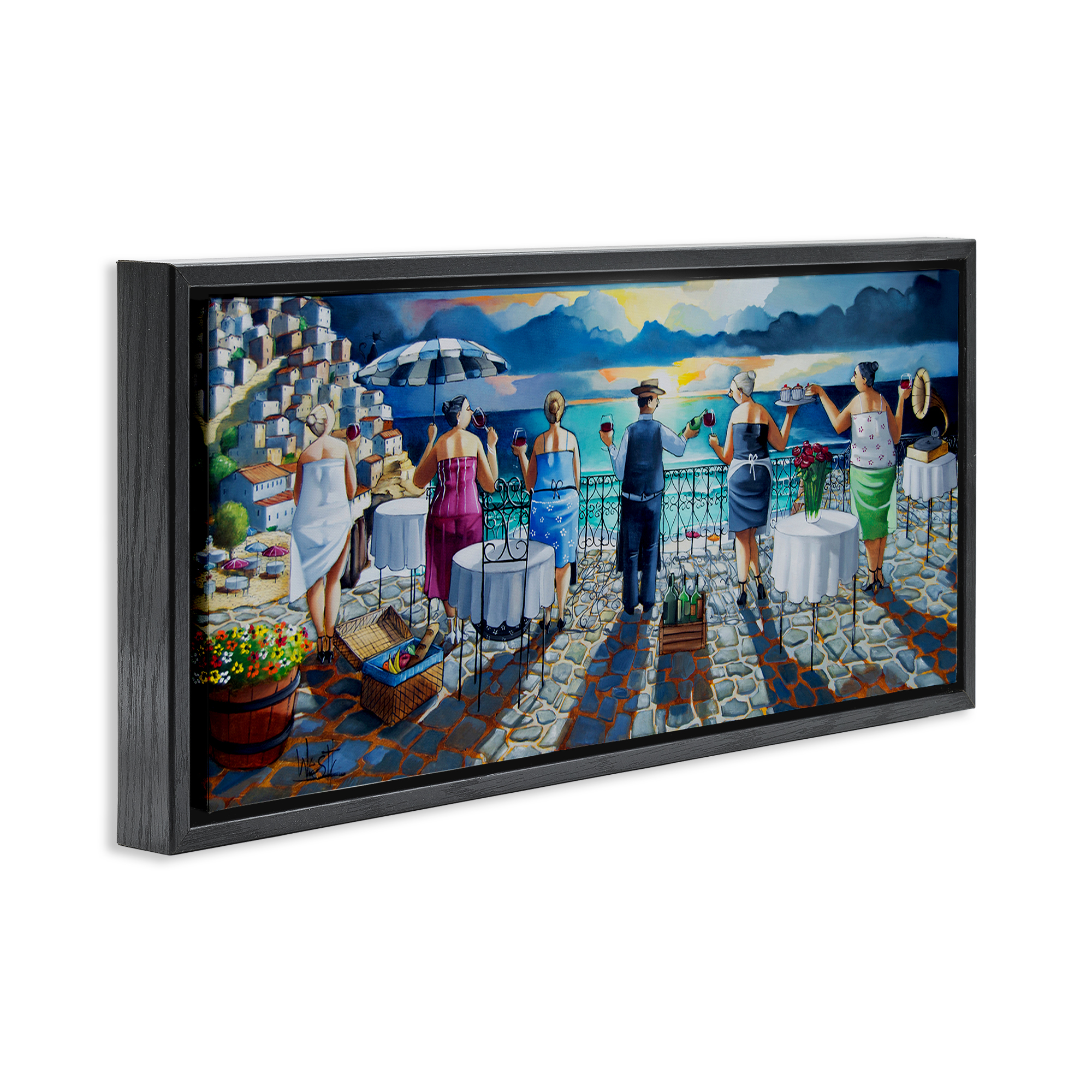 Stupell Industries Villa Sunset View People Painting Black Floater Framed Canvas Art Print Wall Art, 25 x 11