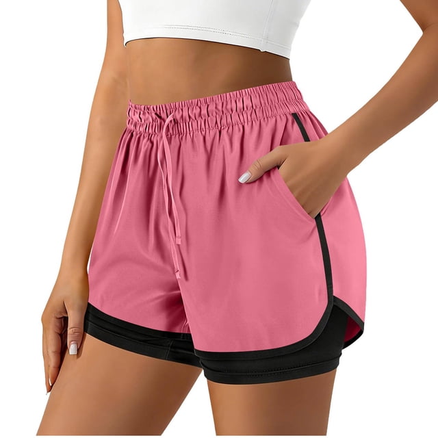 Ixbnca 2 in 1 Womens Athletic Shorts with Pockets Elastic High Waist Drawstring Workout Running Shorts
