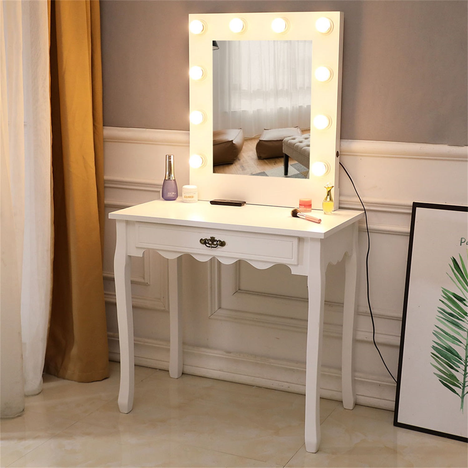 White Vanity Table with Lighted Mirror, Makeup Dressing Table with 10 ...