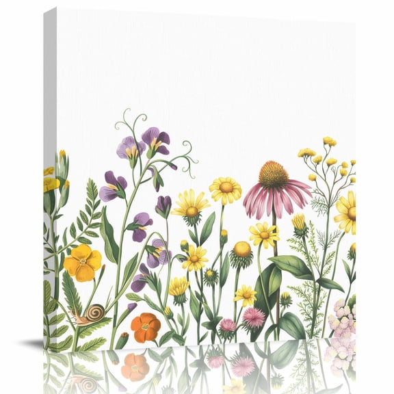 Spring Wildflowers Framed Canvas Wall Art, Summer Country Style Plants Leaf Flowers Wall Art Painting for Living Room Bedroom Home Decor, 20”x20”, Office Artwork Print