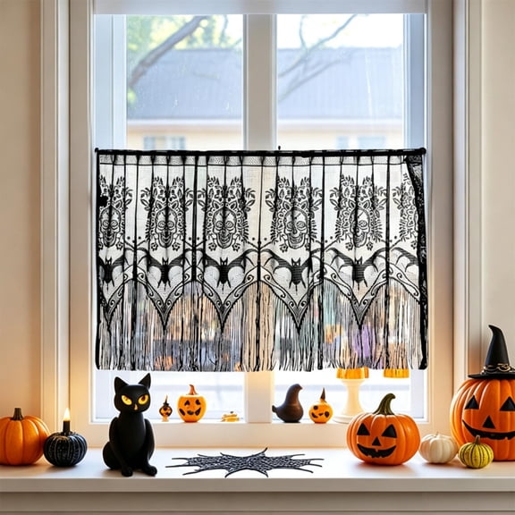 JHRGJIO Halloween Lace Short Curtain, Black Bats Spider Web Pattern Sheer Cafe Valance, Halloween Decorations Indoor Outdoor Gothic Window Treatment for Kitchen Bedroom