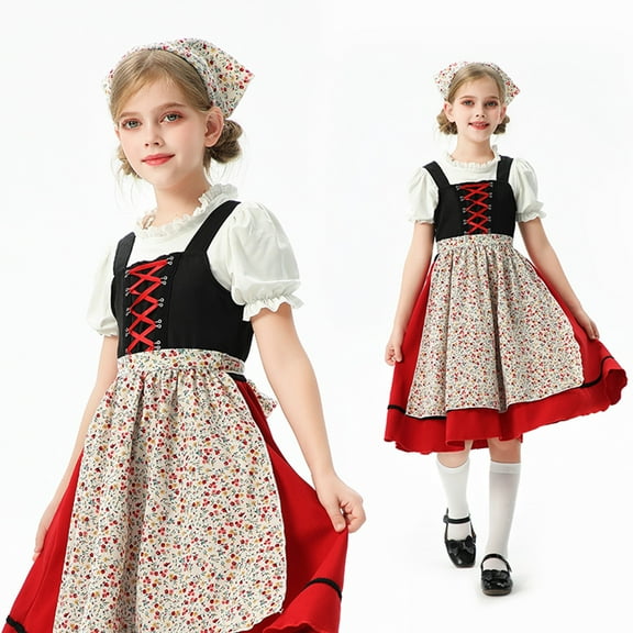 Mepaouo Kids Girls Oktoberfest Outfits Bavarian Dirndl Dresses 4Pcs Set with Blouse Skirt Headscarf Apron
