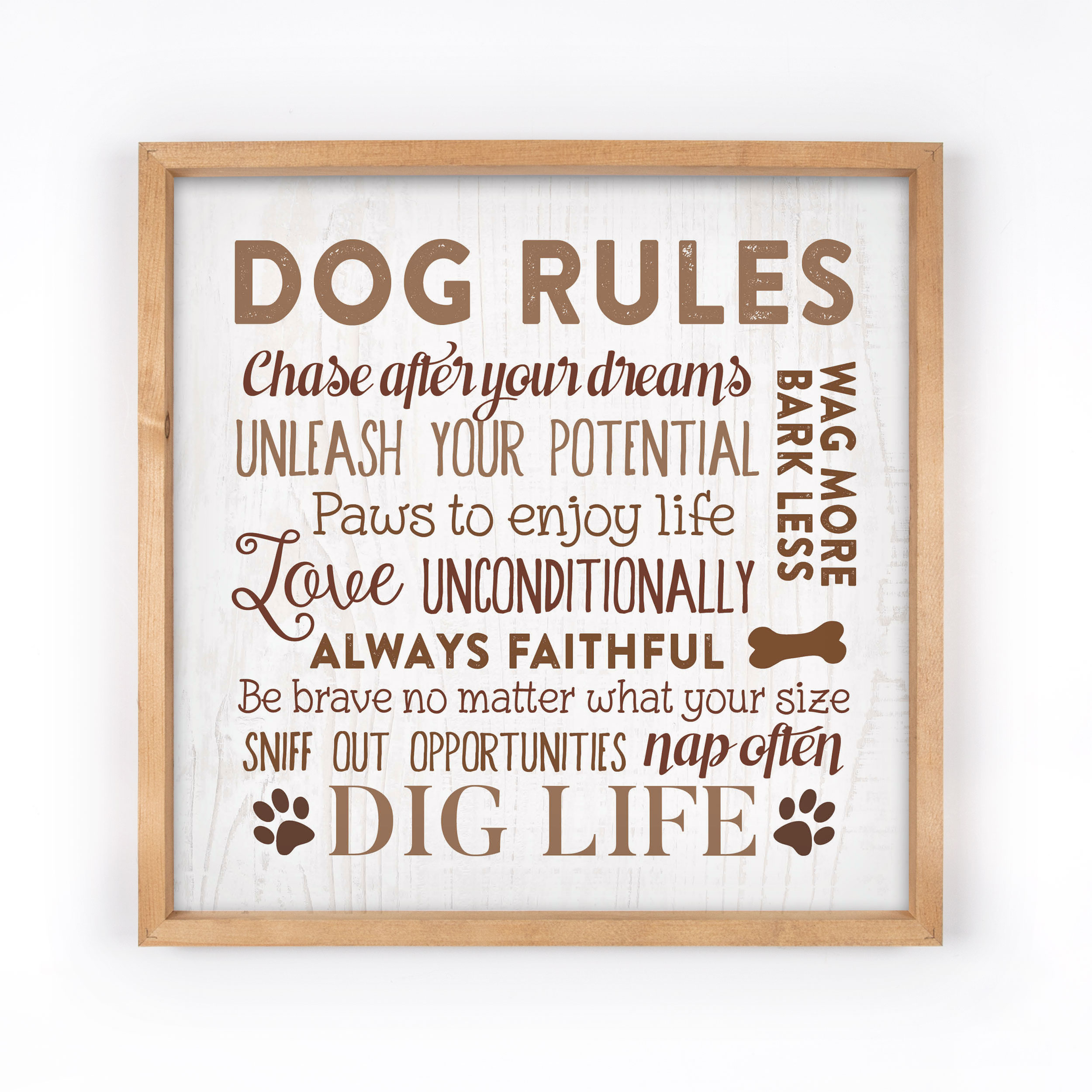 Dog Rules White Wash 22.25 x 22.25 Pine Wood Decorative Framed Art Sign