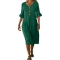 thumbnail image 6 of ClodeEU Women's V Neck Short Sleeve Flutter Sleeve Button Midi Dress with Pockets,Solid Color Casual Loose Fit Summer Dress Army Green,Women's Plus L, 6 of 8