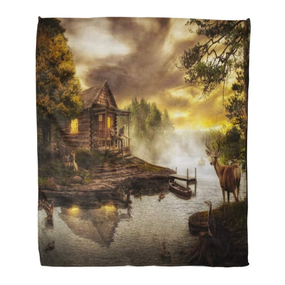 SIDONKU Throw Blanket Warm Cozy Print Flannel Old Wooden House by The Stream on Summer Evening Beauty Comfortable Soft for Bed Sofa and Couch 50x60 Inches