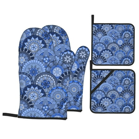 

Oven Mitts and Pot Holders 4 Piece Blue Mandala Harmony High Heat Slip Resistant Oven Mitt and Trivets Set Kitchen Oven Glove Pot Holders for Cooking Baking Grilling