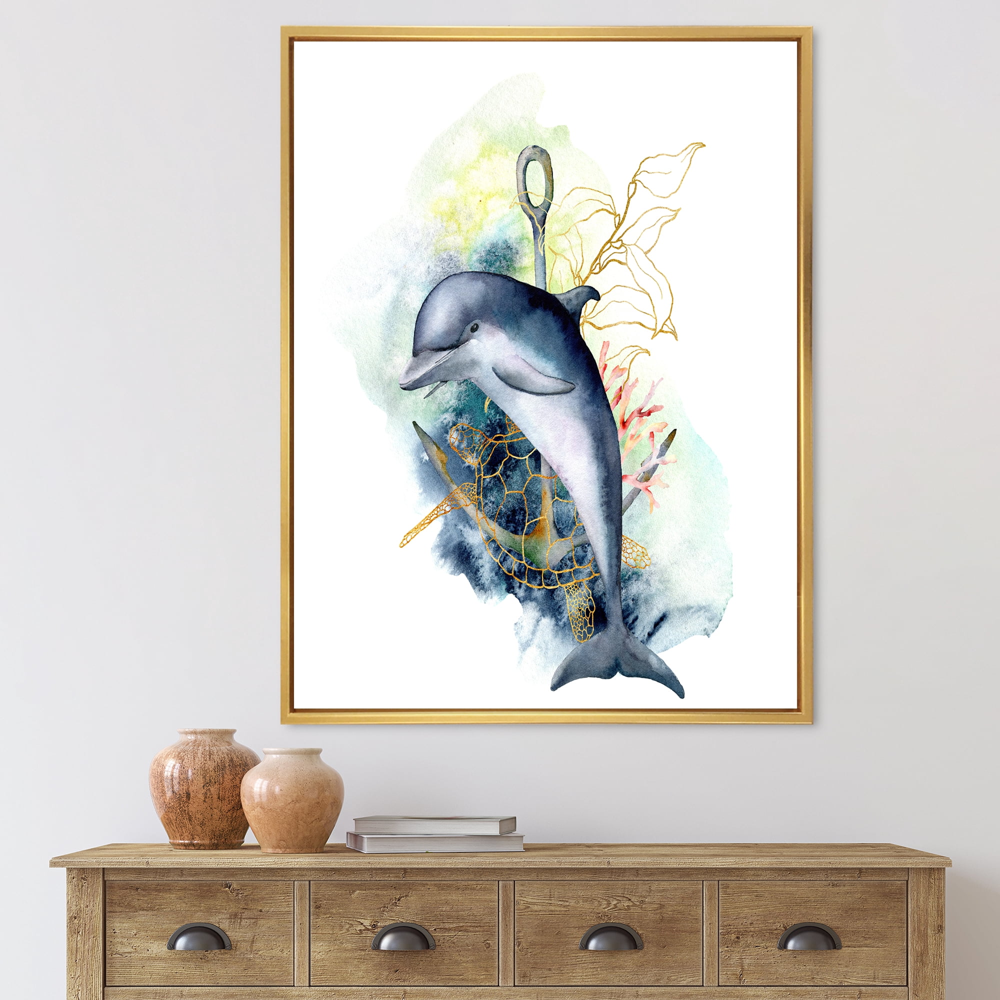 Designart 'Linear Coral Reef Plants and Dolphin Turtle Anchor' Nautical & Coastal Framed Canvas Wall Art Print