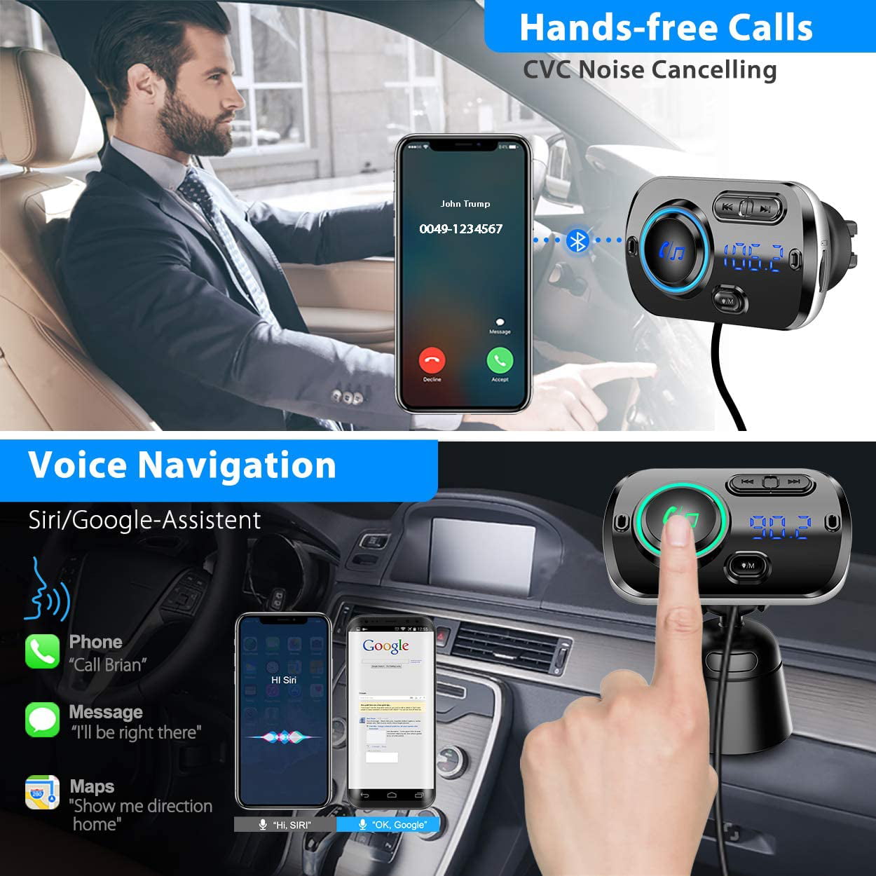 Easy Attached to Air Vent Bluetooth FM Transmitter for Car Bluetooth 5.0 Wireless Car Radio Adapter with QC3.0 & 5V/2.4A Dual Charging Port Music Player Better Hands Free Car Kit 