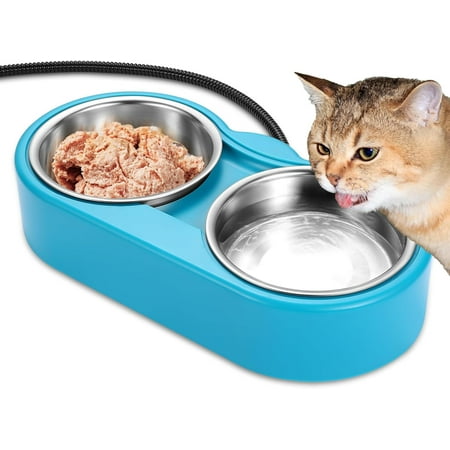 Heated Cat Bowl for Outdoor Heated Pet Bowl Stainless Steel Heated Water Bowls Food Warmer, Double Heated Pet Bowl for Feral Cat Feeding Station Provide Non Freezing Water in Winter 48OZ