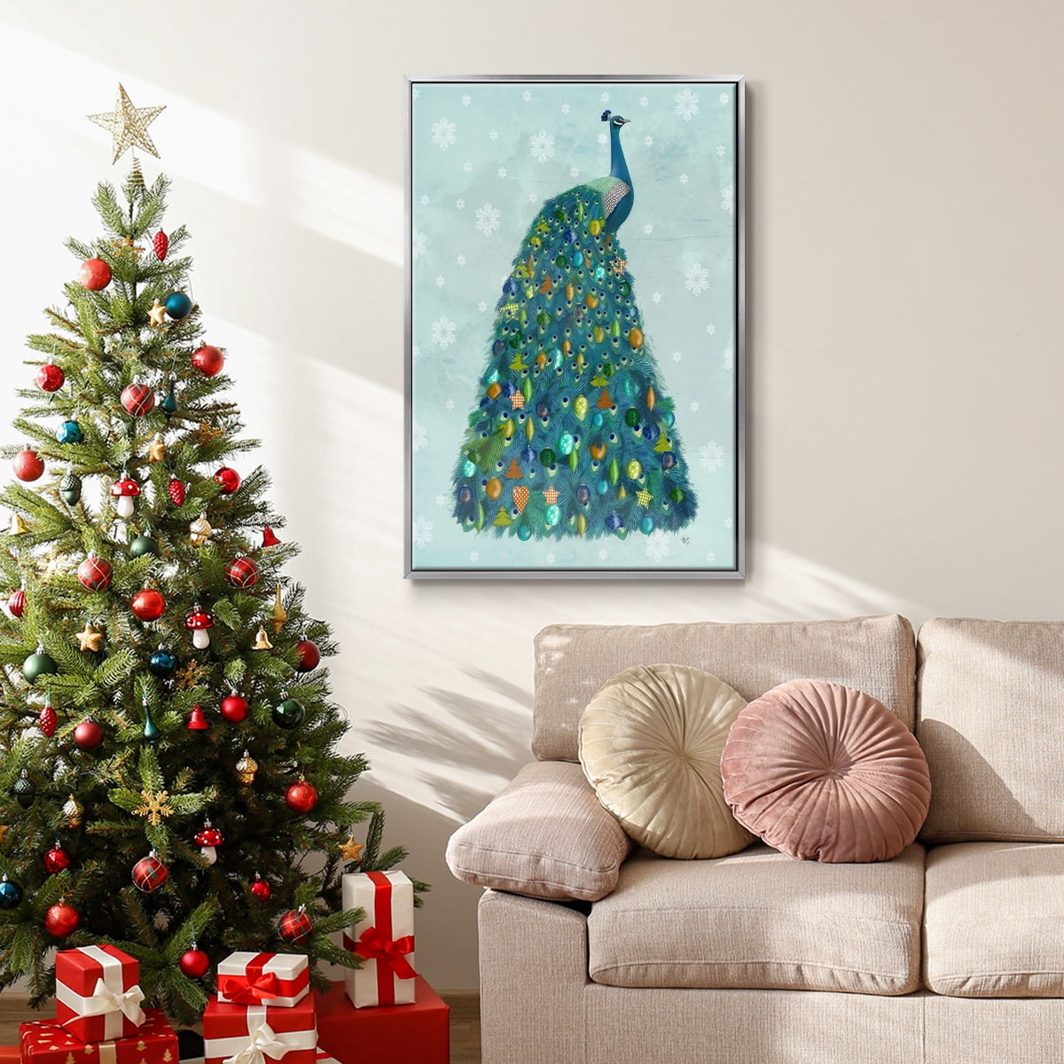 Christmas Peacock Christmas Tree - Framed Gallery Wrapped Holiday Canvas - 17 x 25 - Silver Frame