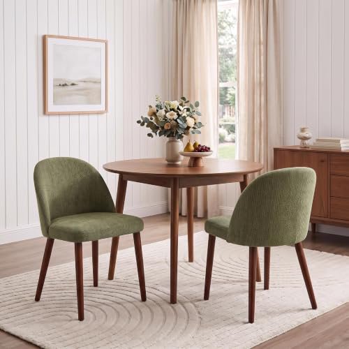 Green Set of 2 Curved‑Back Upholstered Fabric Dining Chairs with Wooden Legs