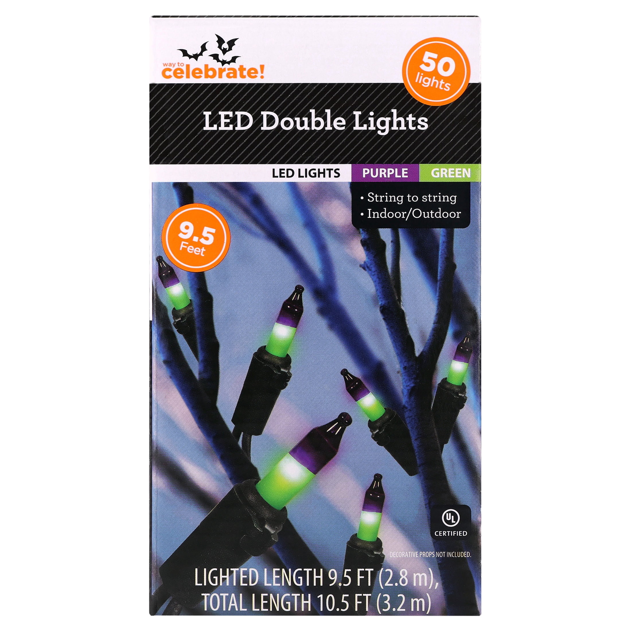 Indoor/Outdoor 50-Count LED Double String Lights, Purple and Green, 9.5', Halloween by Way To Celebrate