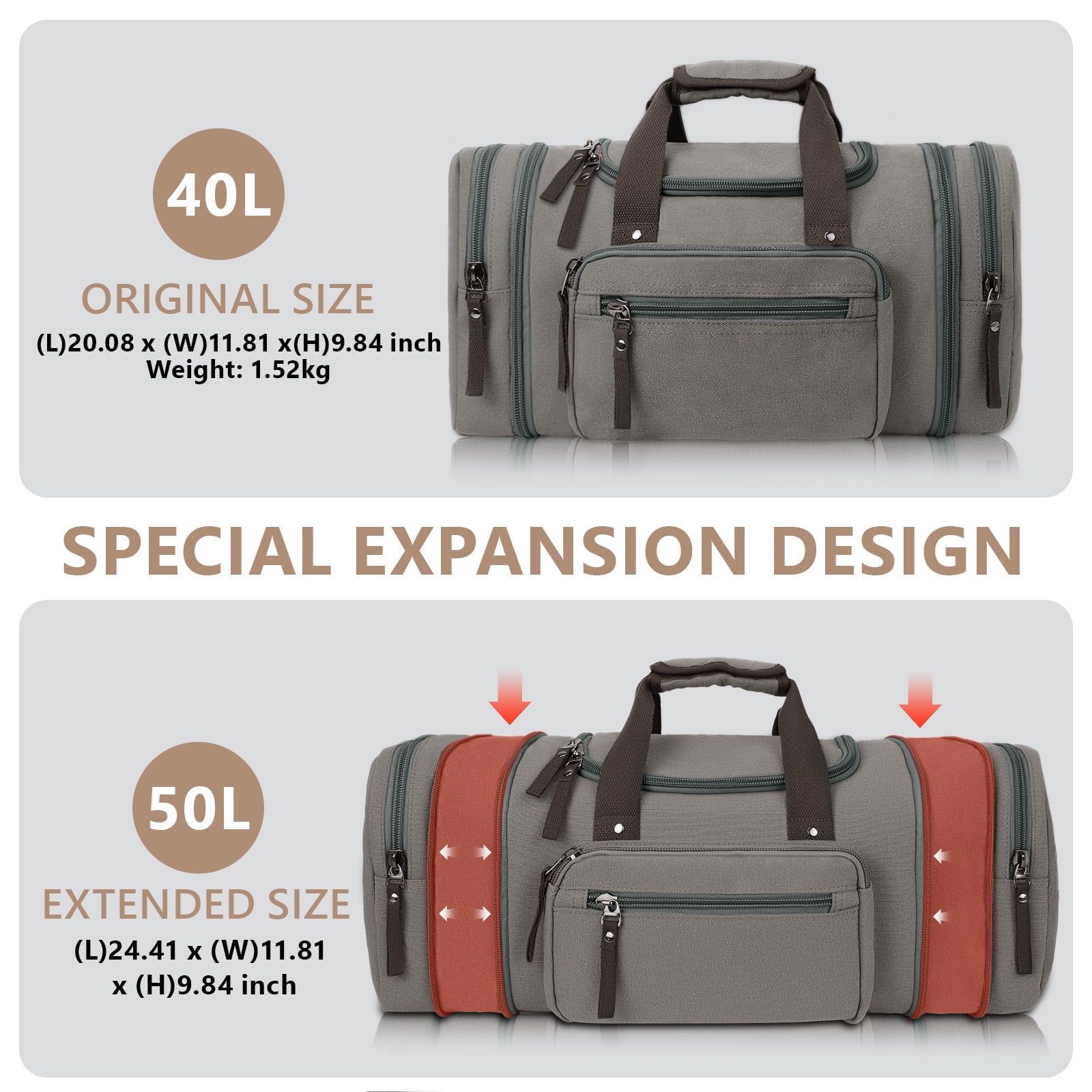 DAKOMM Canvas Duffle Bag 50L, Duffle Bag for Travel Expandable Duffel Bags Waterproof Weekender Overnight Travel Bag Gym Carry On Luggage Bag for Men & Women (Gray)