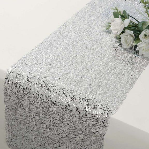 BalsaCircle 11x108 in Silver Metallic Sequin Mesh Polyester Table Runner Party Decorations Wedding Events Supplies
