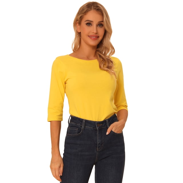 CamiseAjustaCon Cuello Redondo Y Mangas Al Codo PaMujer Amarillo brillante L