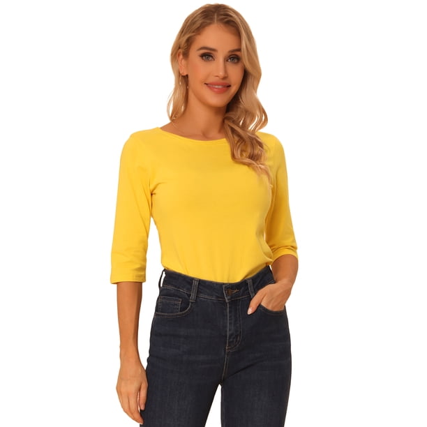 CamiseAjustaCon Cuello Redondo Y Mangas Al Codo PaMujer Amarillo brillante M
