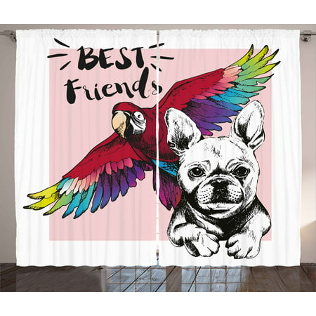 Modern Curtains 2 Panels Set, French Bulldog and Tropical Parrot Figure with Best Friends Phrase Portrait Design, Window Drapes for Living Room Bedroom, 108W X 90L Inches, Multicolor, by
