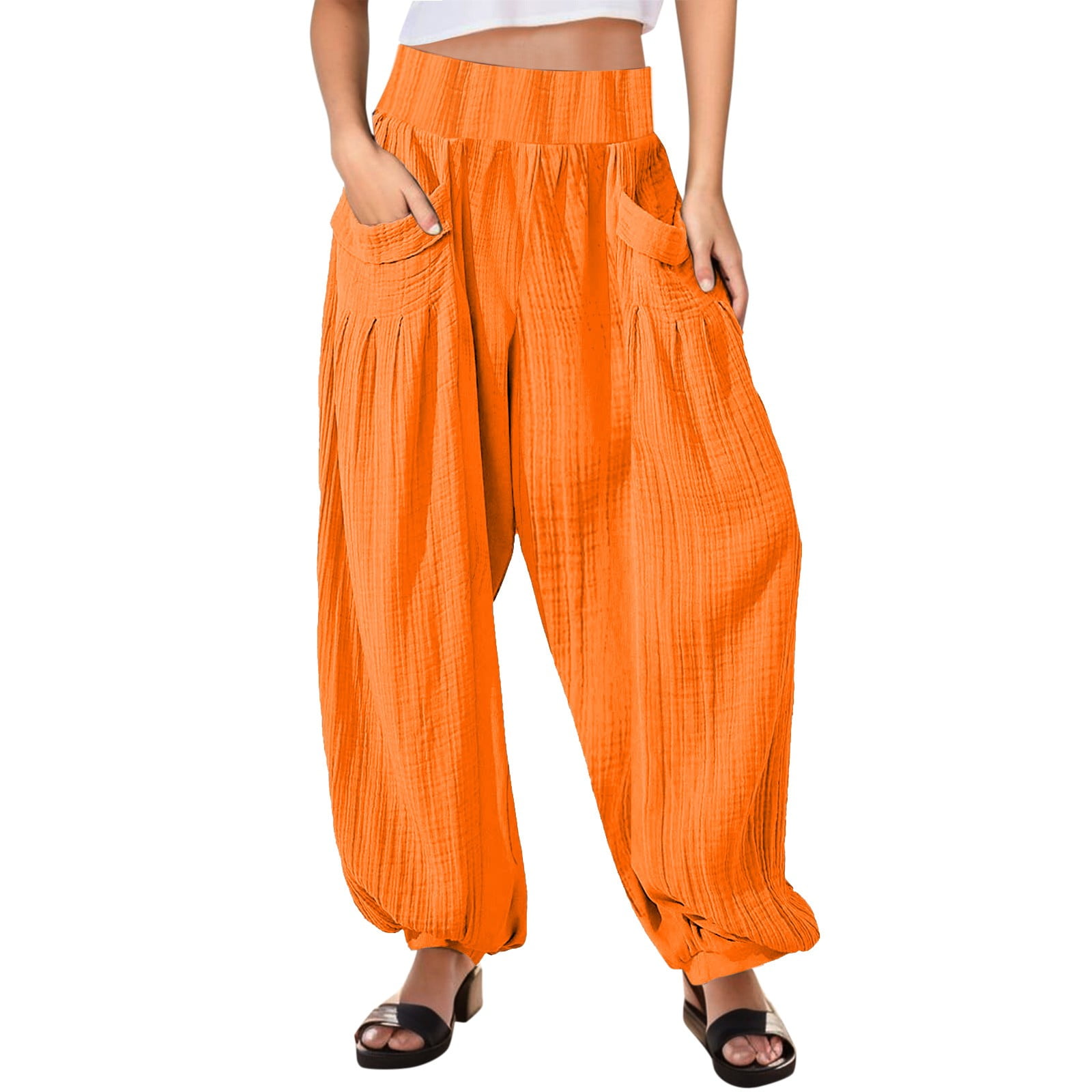 Eashery Linen Pants for Women Drawstring White Beach Pant Drawstring Elastic Waist Long Straight