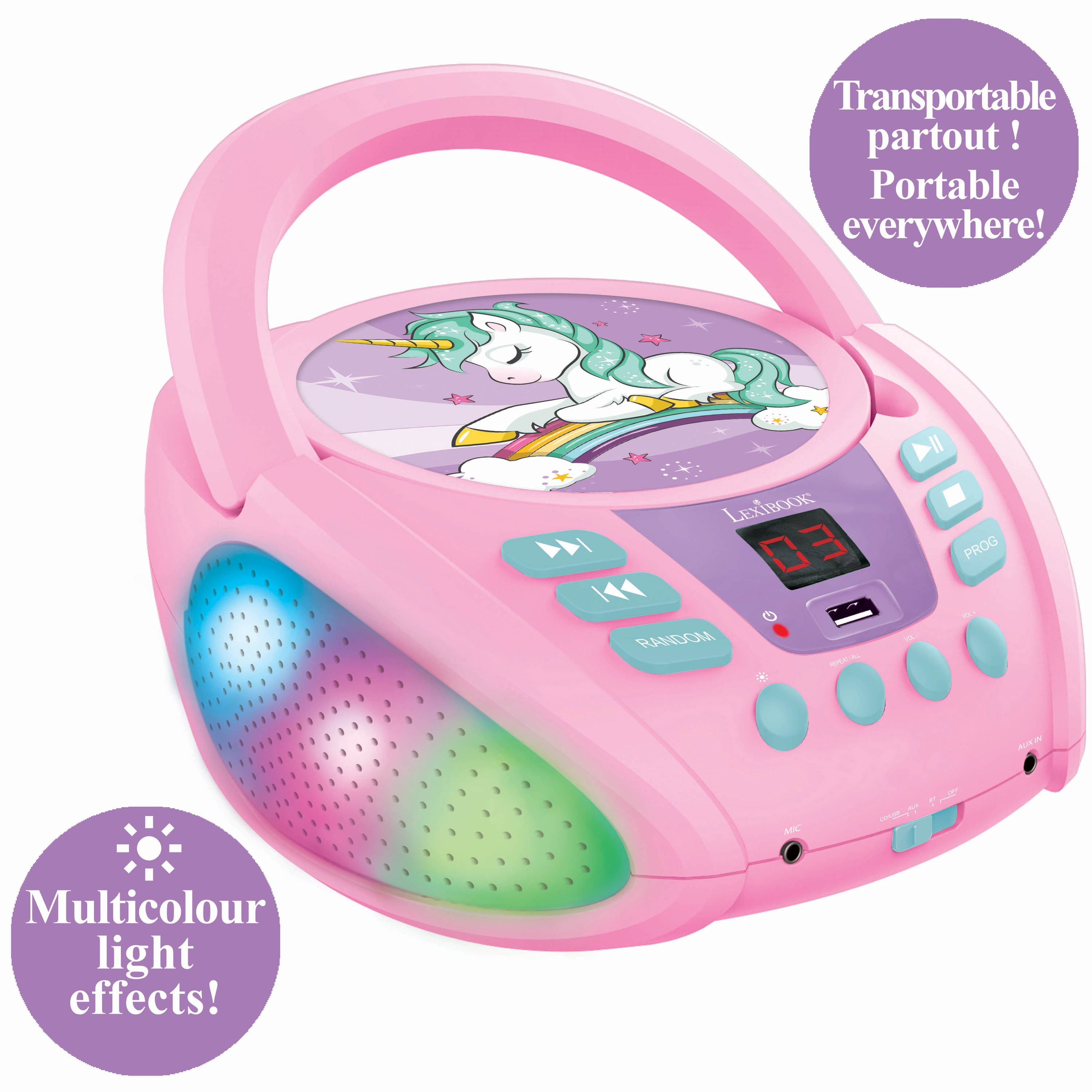 Lexibook Unicorn - Bluetooth CD player for kids – Portable, Multicoloured light effects, Microphone jack, Aux-in jack, AC or battery-operated, Girls, Boys, Pink