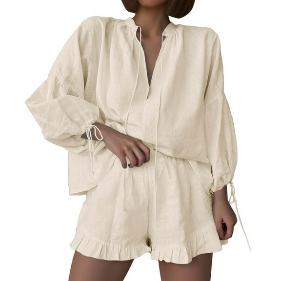 RMGVDSD Women Lace Up V-Neck Long Puff Sleeve Blouse Ruffles Shorts Sets Summer Casual Vacation Boho 2 Piece Outfits Comfy Loungewear Matching Set