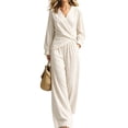 thumbnail image 2 of LEKWK 2 Piece Sets for Women Elegant V Neck Long Sleeve Wrap Top and Wide Leg Pants Casual Matching Sets Vacation Casual Loungewear, 2 of 5