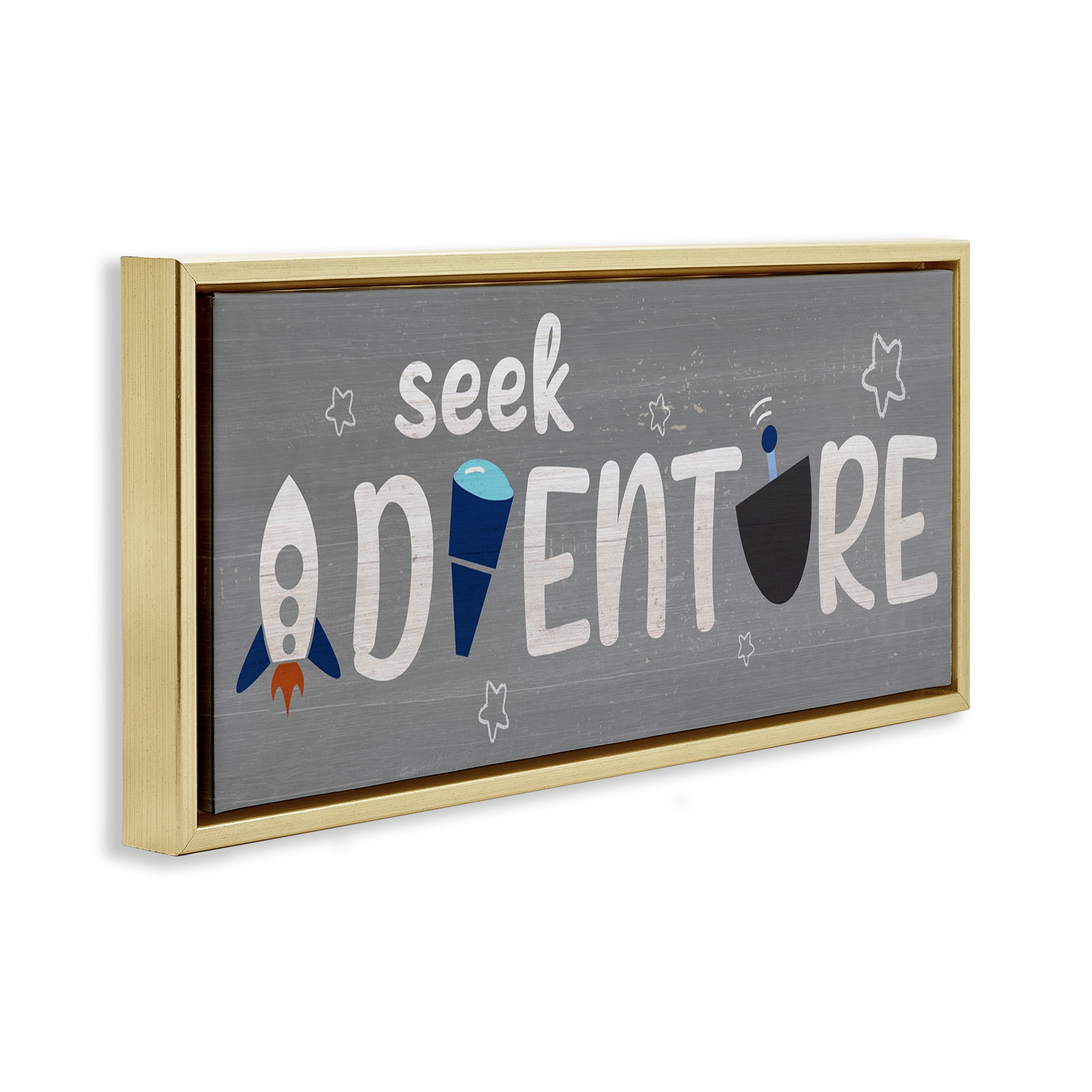 Stupell Industries Seek Adventure Imagination Sentiment Art for Kids Painting Gold Floater Framed Canvas Art Print Wall Art, 31 x 14