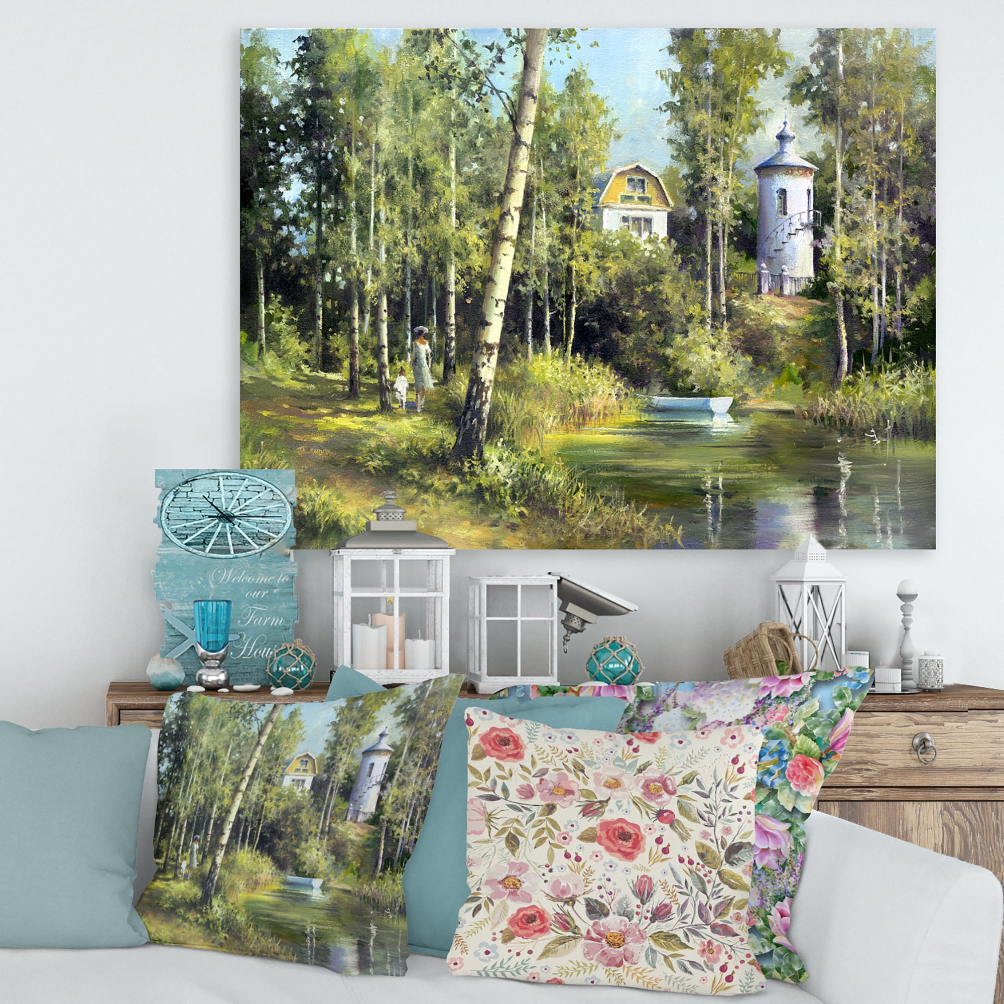 Designart ' The Wood River With Boat On A Decline By The Castle ' Lake House Canvas Wall Art Print