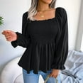 thumbnail image 3 of Women'S Long Sleeve Square Neck Lantern Shirred Ruffle Hem Smocked Peplum Babydoll Blouse Shirt Top Black S, 3 of 7