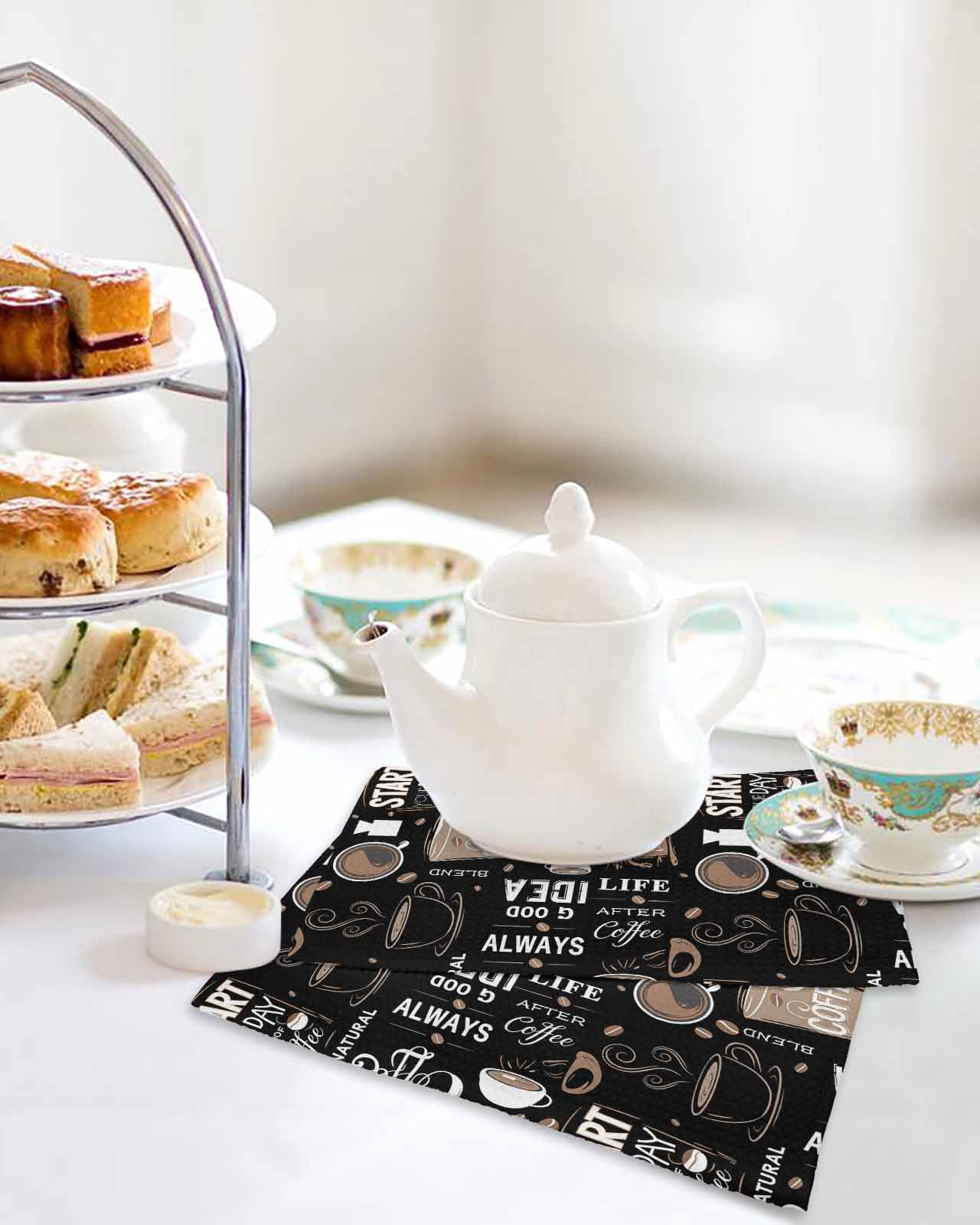 Coffee Black Dish Towels Set, Waffle Weave Kitchen Towels 4 Pieces, Brown Beans Cup Dessert Drink Monochrome Microfiber Hair Face Bath Tea Towel Absorbent Quick Drying Cleaning Dish Cloths 12"x12"