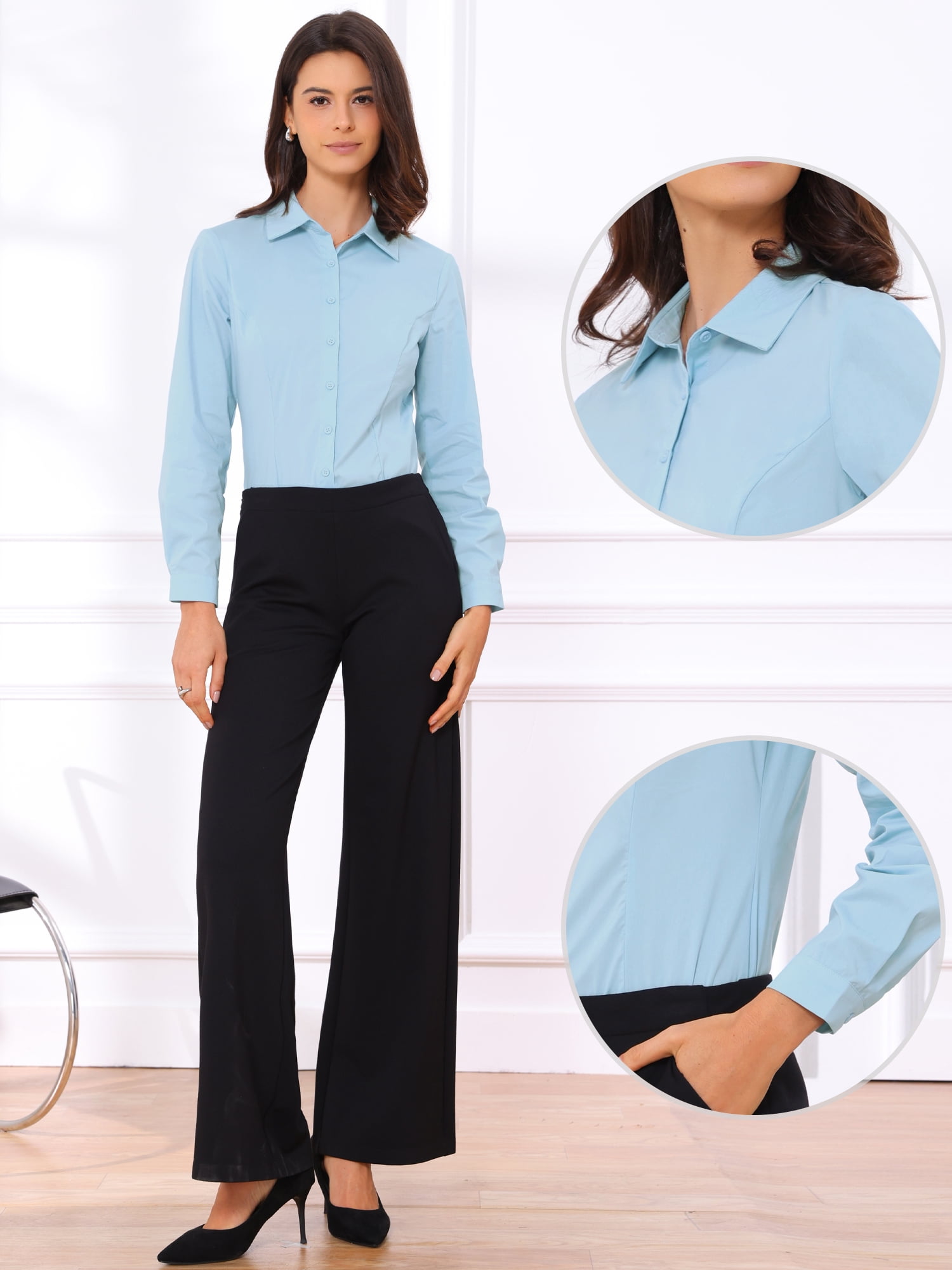 DARING DIVA Button Down Bodysuit Blouse  Casual Top M Light Blue