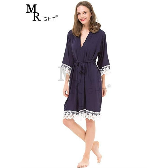 Mr & Mrs Right Women Cotton Bride and bridesmaid Robe with Lace trim