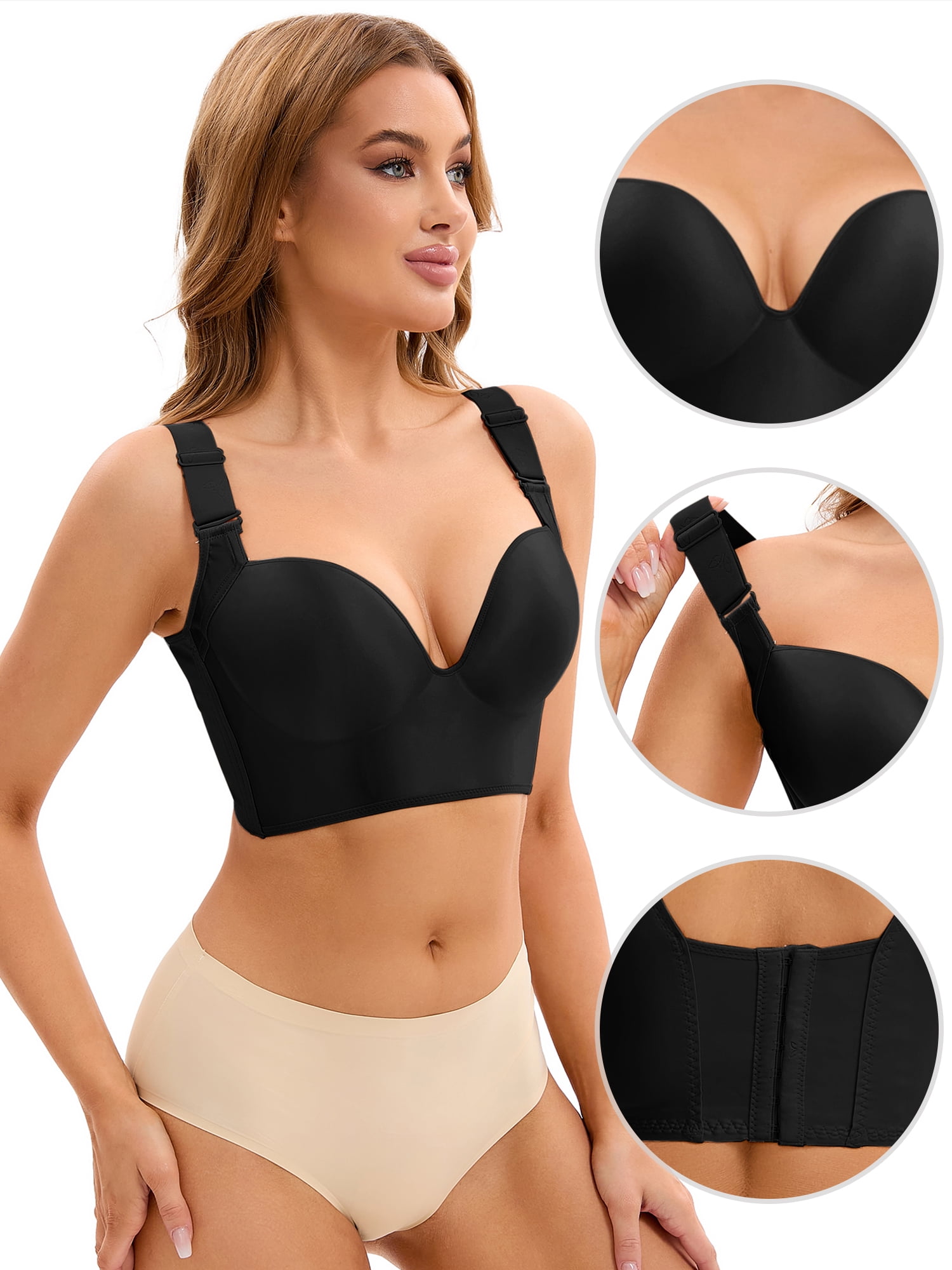 DARING DIVA Women's Push Up Tummy Control 6 Hooks Wirefree Convertible Bras Black 38 C