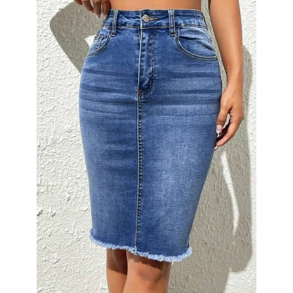 Blue Frayed Hem Pencil Denim Skirt Casual Fit Knee-Length