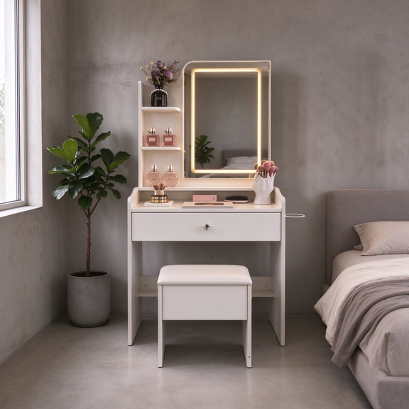 MANGOBUS White Vanity Table Set, LED Lighted Mirror with Stool, Modern Makeup Desk with Storage Drawers for Bedroom & Dorm