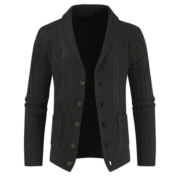 Jinda Men's Shawl Collar Sweater Soft Warm Casual Cable Knit Winter Knitwear Fall Long Sleeve V Neck Slim Fit Button Front Knitted Duster Cardigan with Pockets Black 40