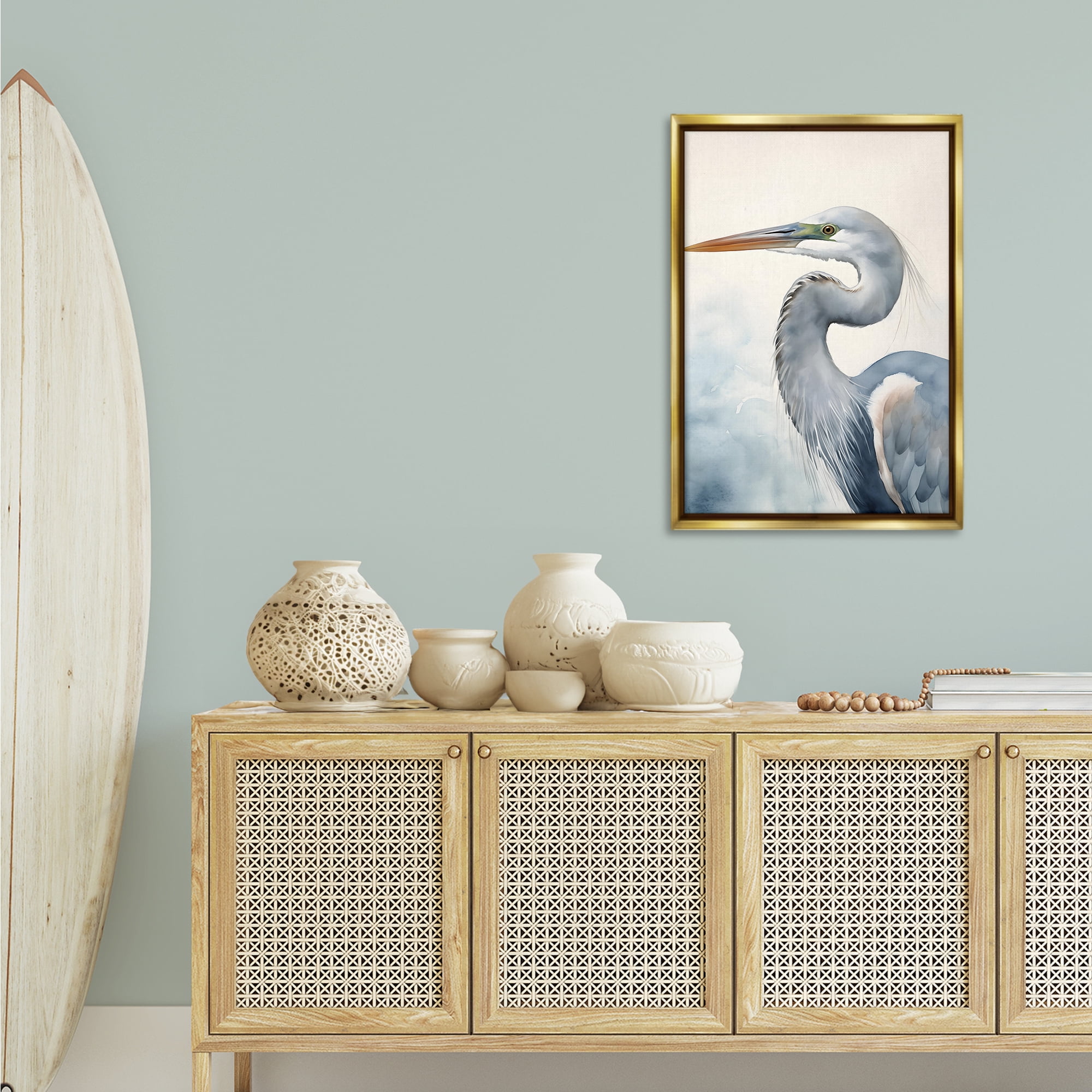 Stupell Industries Quiet Heron Looking Left Animals & Insects Painting Gold Floater Framed Canvas Art Print Wall Art, 21 x 31