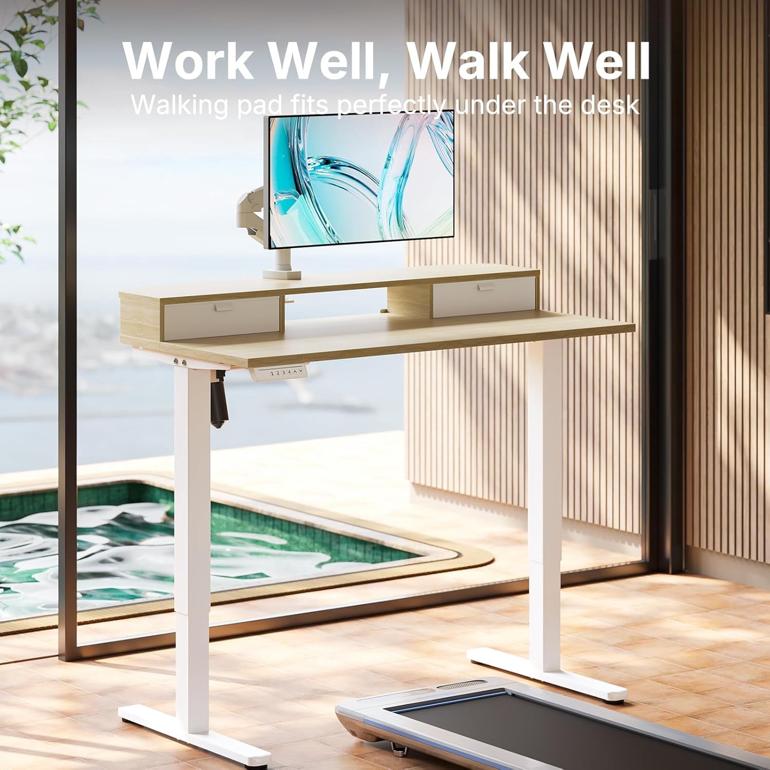 40 x 24 Inch Small Electric Standing Desk with 2 Drawers, Height Adjustable Sit Stand Desk with 4 Memory Settings, Light Walnut