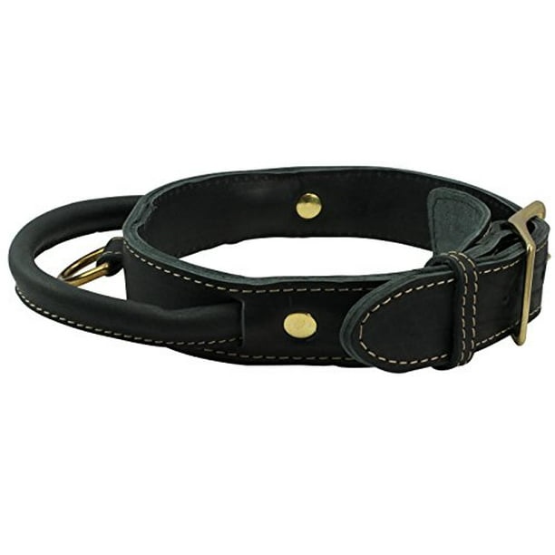 Genuine Leather Dog Collar, Rolled Leather Handle Black (Large Neck