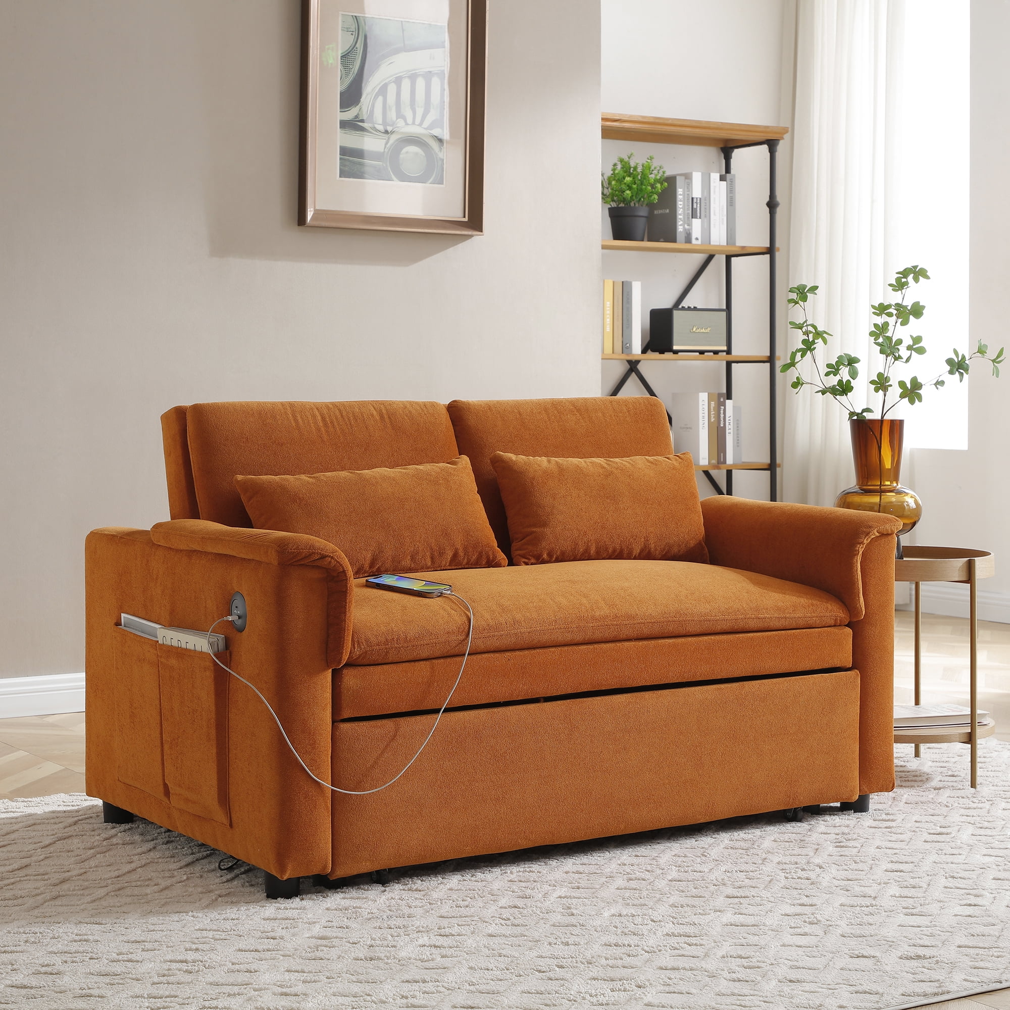 55" Convertible Sleeper Sofa Bed,3 in 1 Velvet Pull Out Sofa Bed with Adjustable Backrest & USB Ports,Modern Loveseat Sofa Couch for Living Room,Apartment,Orange