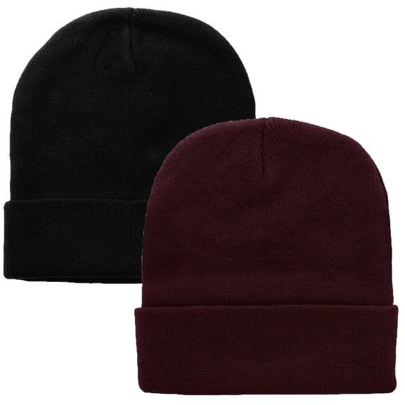 Falari 2 Pcs Men Women Skull Knitted Beanie Hat Plain Solid Color for Winter Black & Wine