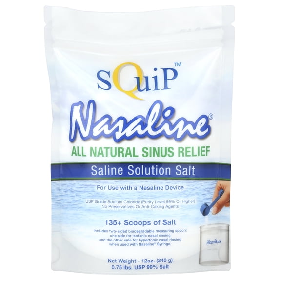 Squip Nasaline Salt, 12 oz (340 g) Pouch, Pharmaceutical-Grade Sodium Chloride for Nasal Irrigation and Daily Hygiene