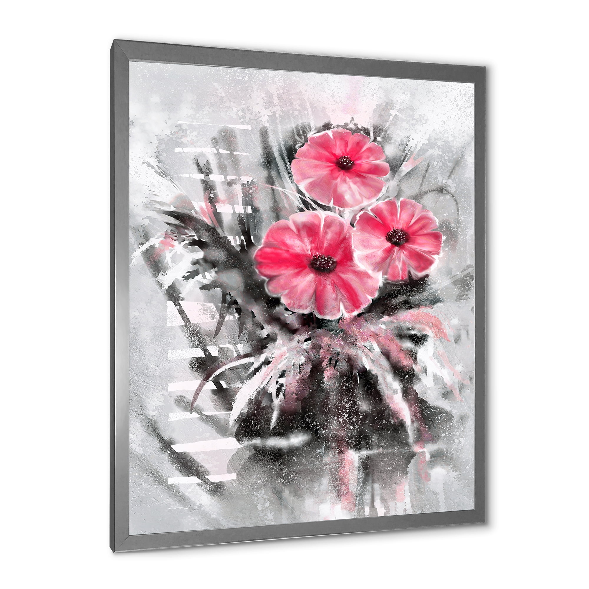 Designart 'Abstract Red Flowers On Gray Background' Traditional Framed Art Print