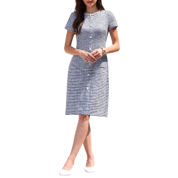 INSPIRE CHIC Mother's Day Women's Tweed Dress Short Sleeve Crew Neck Pearl Decor Cocktail Wedding Sheath Dresses S Blue White