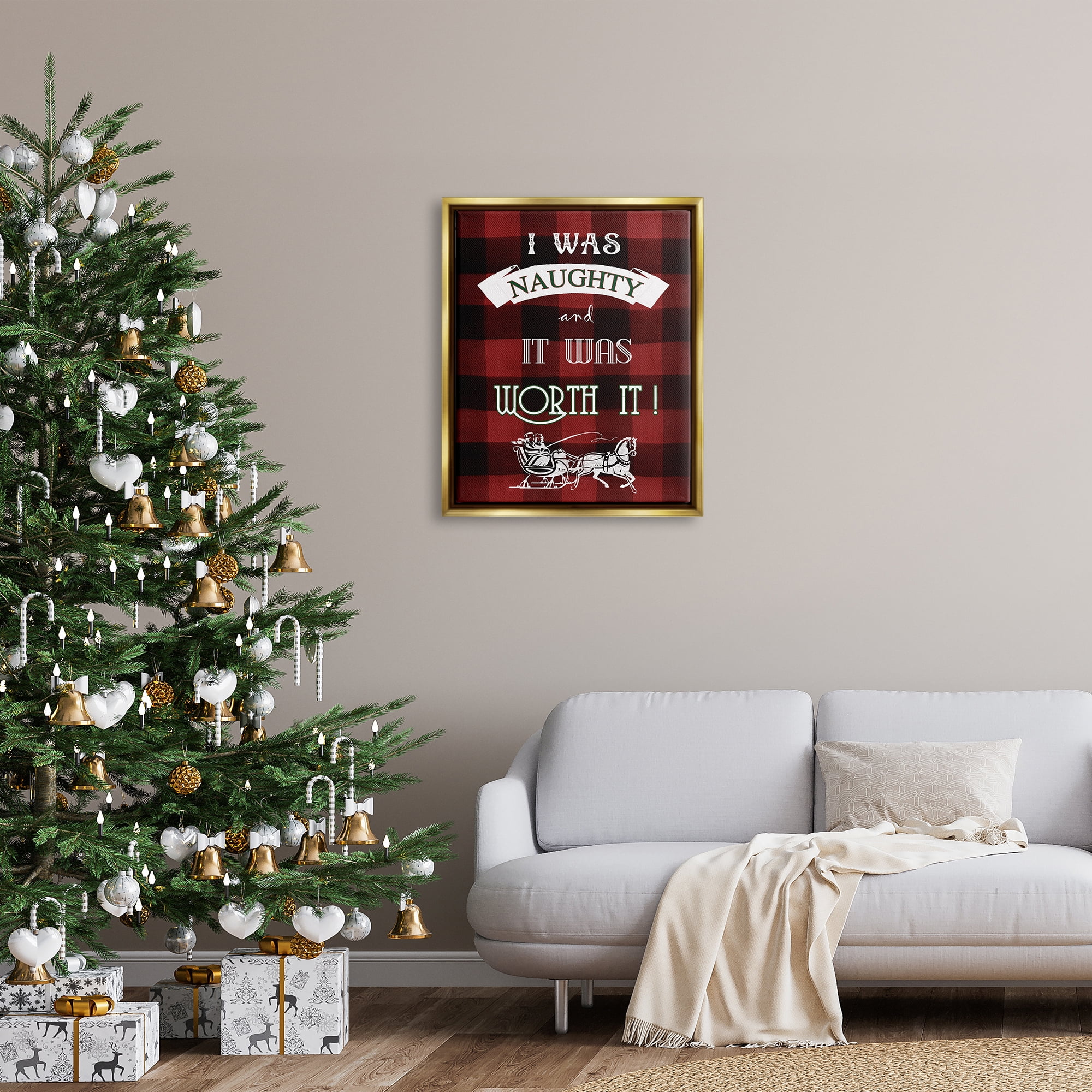 Stupell Industries Funny Plaid Christmas Holiday Painting Gold Floater Framed Art Print Wall Art, 25 x 31